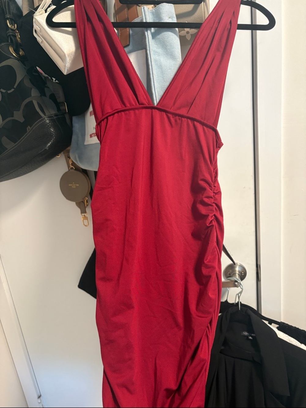 Red V-Neck Ruched Bodycon Dress - Women